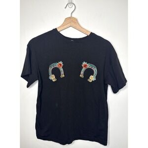 Pull&Bear T-shirt Women XS Black Horseshoe Embroidered Beaded Western Cowgirl 24